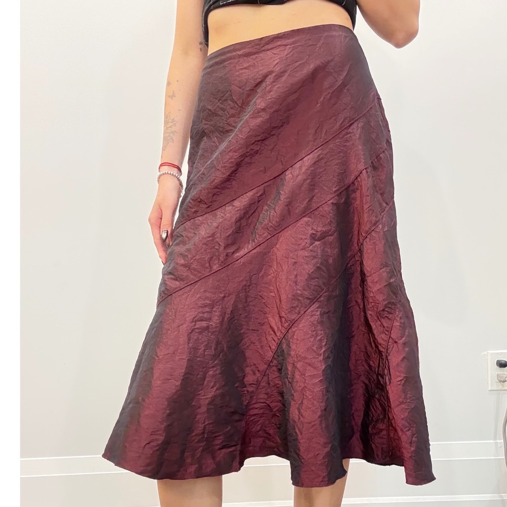 Xanaka‎ Burgundy Iridescent Crushed Goth Midi Skirt